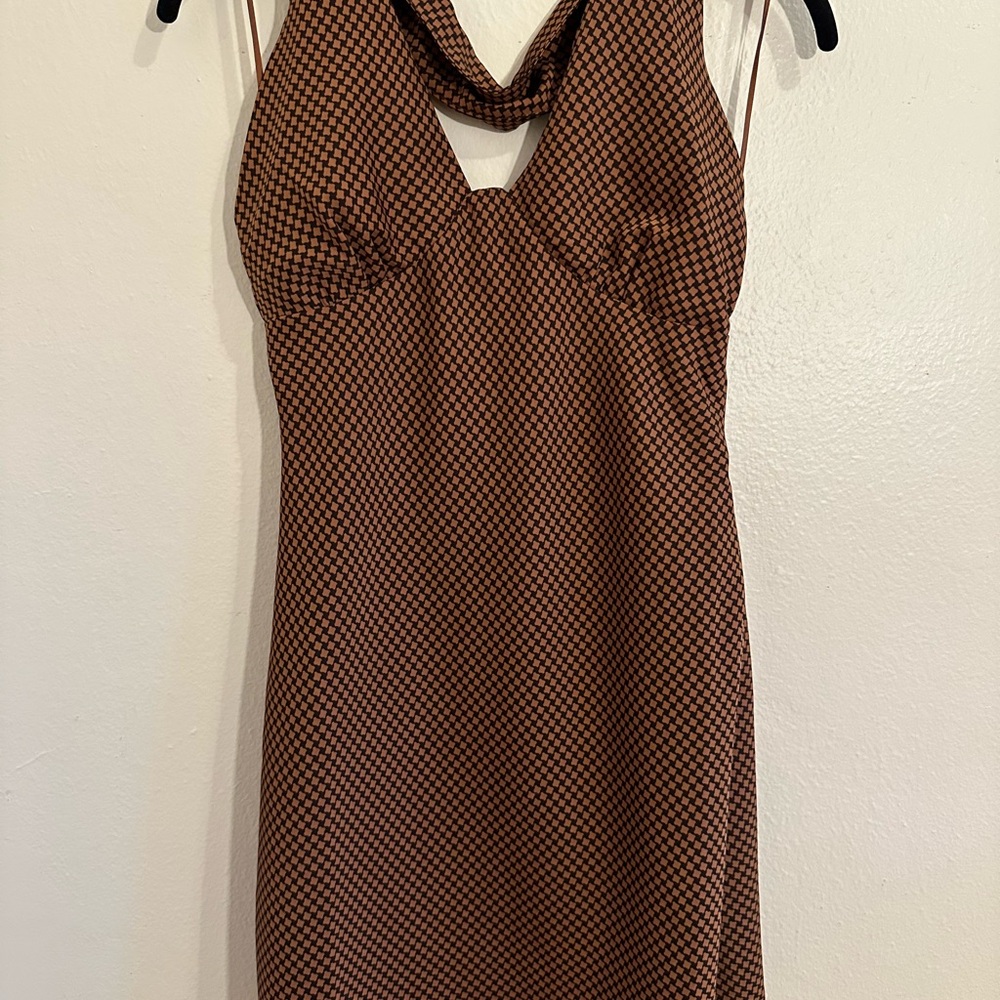 Le Lis Brown & Black Checkered Backless Dress